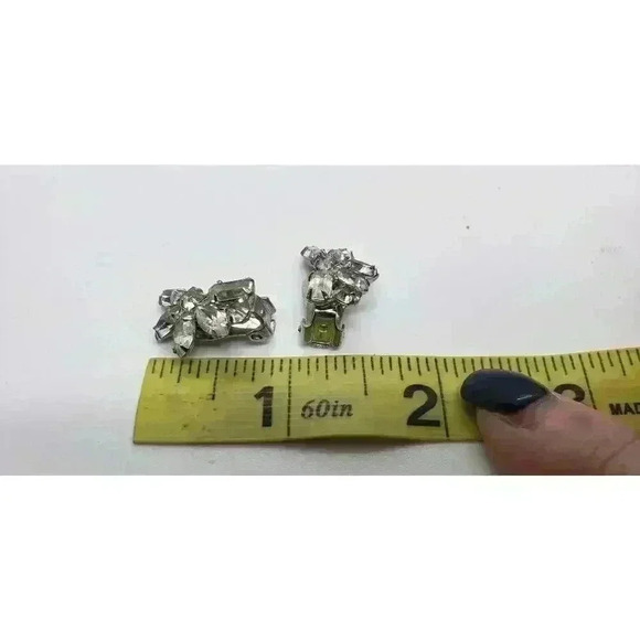 Vintage Earrings Clear Rhinestone Clip Clear Half Flower Star Bride Statement - Picture 8 of 10